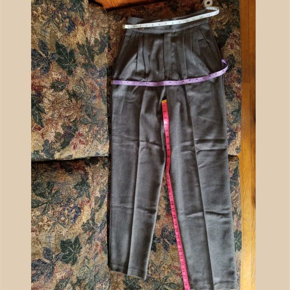 Vintage 90s, gray, flecked green/gray & brown stripes, pleated dress pants, M - Picture 5 of 7